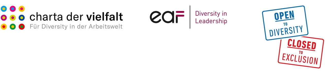 Logon vieressä teksti "Charter of diversity, for diversity in the working environment", jossa on yhdeksän eriväristä pistettä eri ääriviivoilla. Sen vieressä on eaf-logo, jossa lukee "Diversity in leadership". Äärimmäisenä oikealla on sininen kyltti, jossa lukee "Open to Diversity" ja sen alla punainen kyltti, jossa lukee "Closed to Exclusion". 